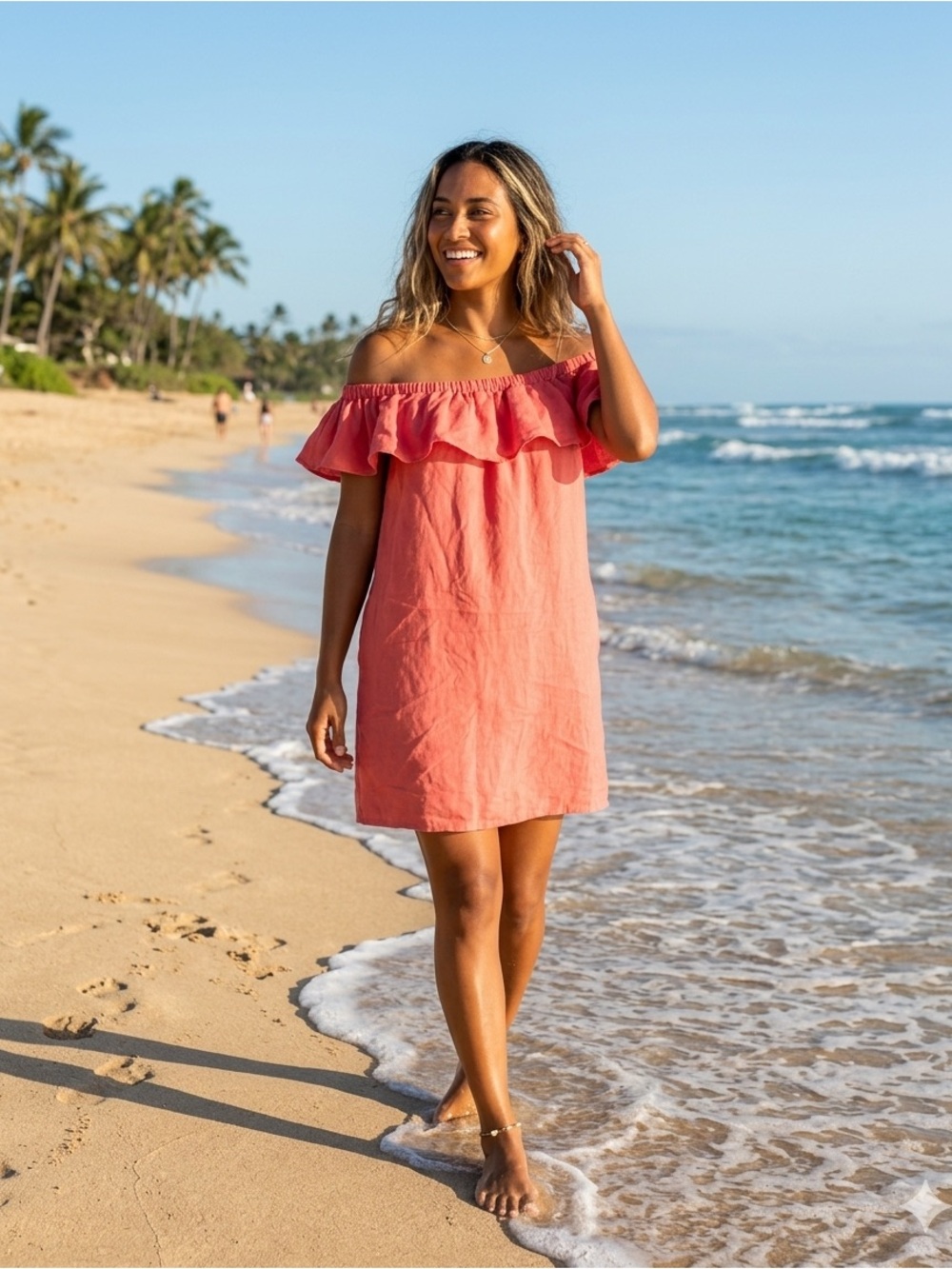 Tommy Bahama Coral Pink Linen Off the Shoulder Ruffle Mini Dress with Pockets S